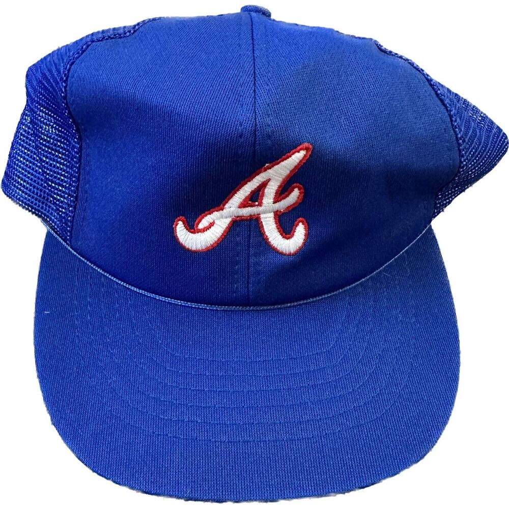 Vintage 80s Atlanta Braves Blue Snapback Trucker MLB Hat Active Generation VTG
